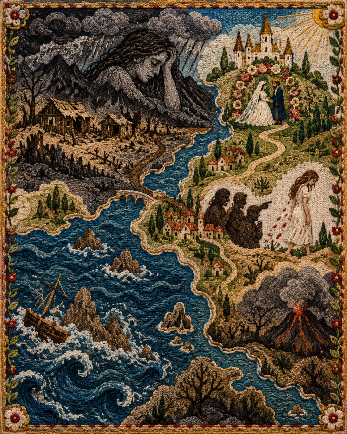 Embroidered map of wedding and conflict imagery