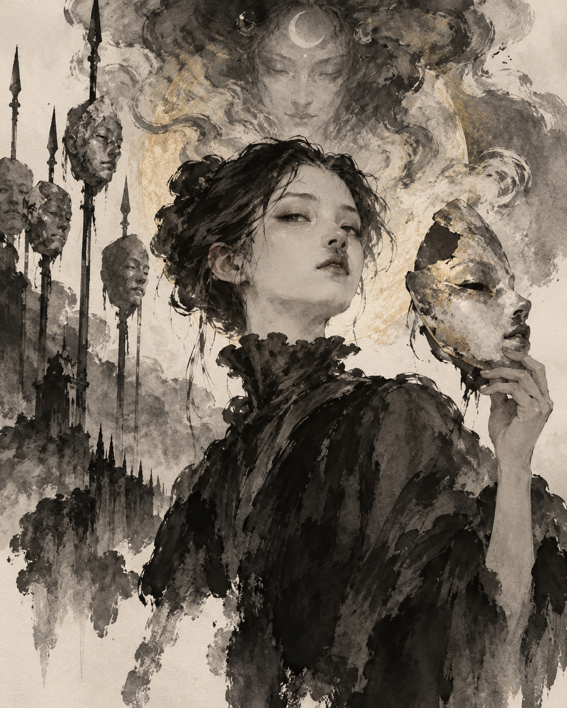Ink wash portrait holding a mask