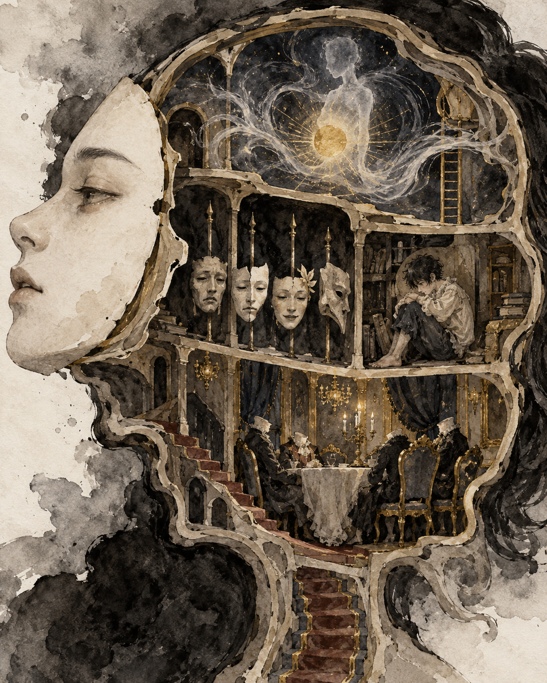 Ink wash cross-section of rooms inside a head